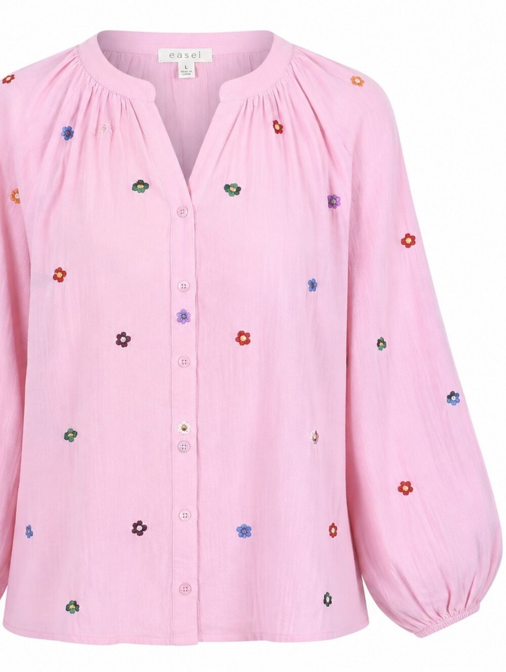 EASEL | Charming Pink Embroidered Floral Cotton Balloon Sleeve V-Neck Blouse | L